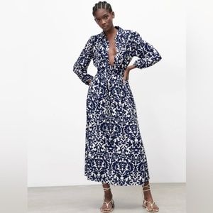 ZARA  Blue and Ivory Print Viscose Tie Waist Button Midi Dress - L